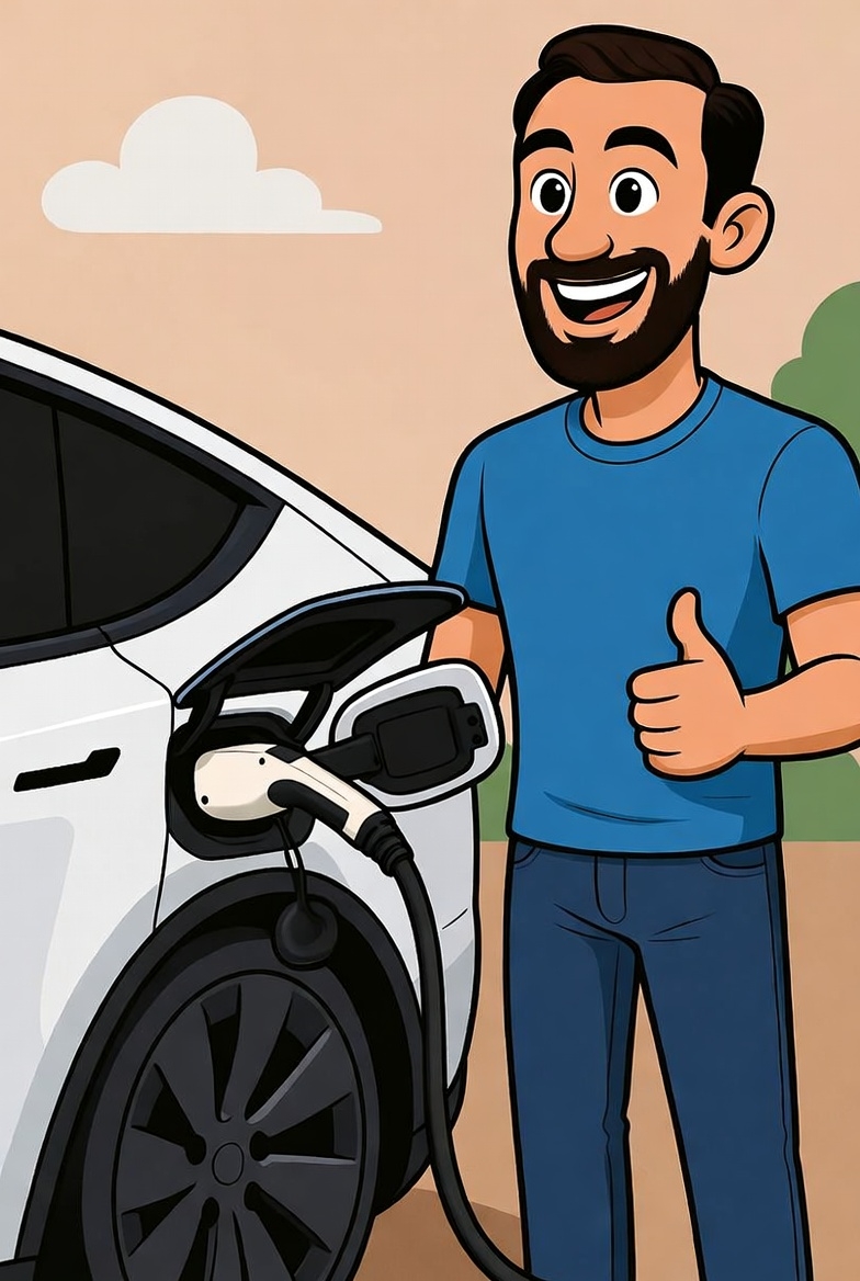 Happy man holding a charging plug