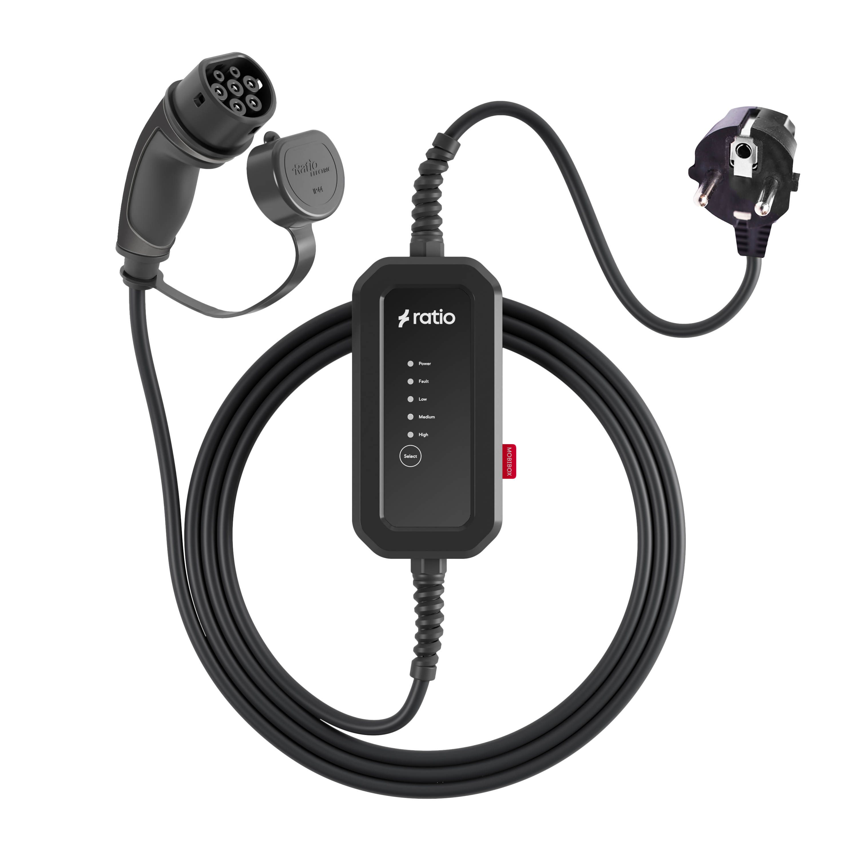 Ratio Mobi Box io1 Mobiele Lader Type 2 naar Randaarde (Schuko) 13A (3,0kW)